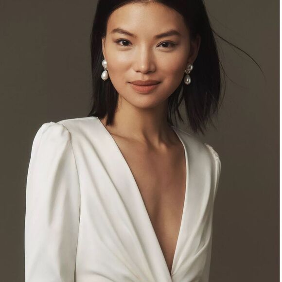 NWT Anthropologie BHLDN Maya Long-Sleeve Twist Satin Mini Dress Ivory - Picture 3 of 16